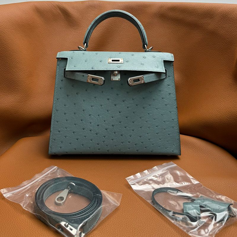 Hermes Kelly Bag Ostrich Leather Palladium Hardware In Teal