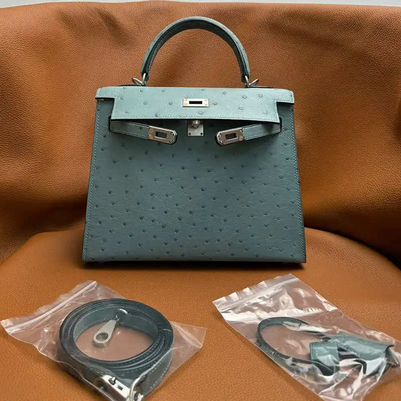 Affordable Hermes Kelly Bag Ostrich Leather Palladium Hardware In Teal