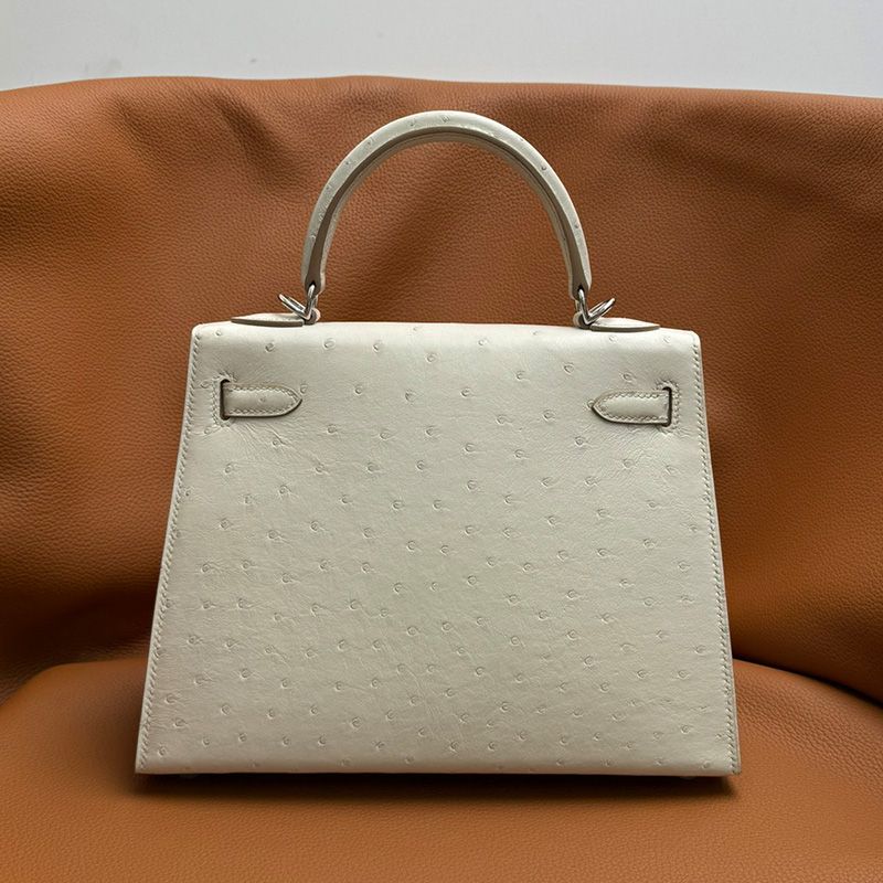 Hermes Kelly Bag Ostrich Leather Palladium Hardware In White