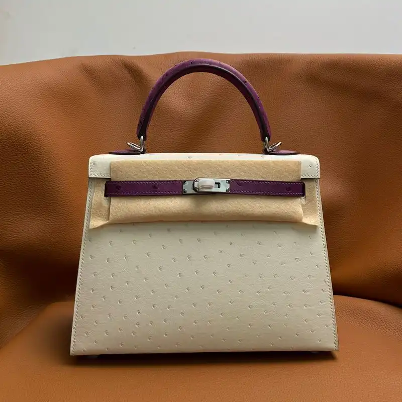 Hermes Kelly Bag Ostrich Leather Palladium Hardware In White Purple