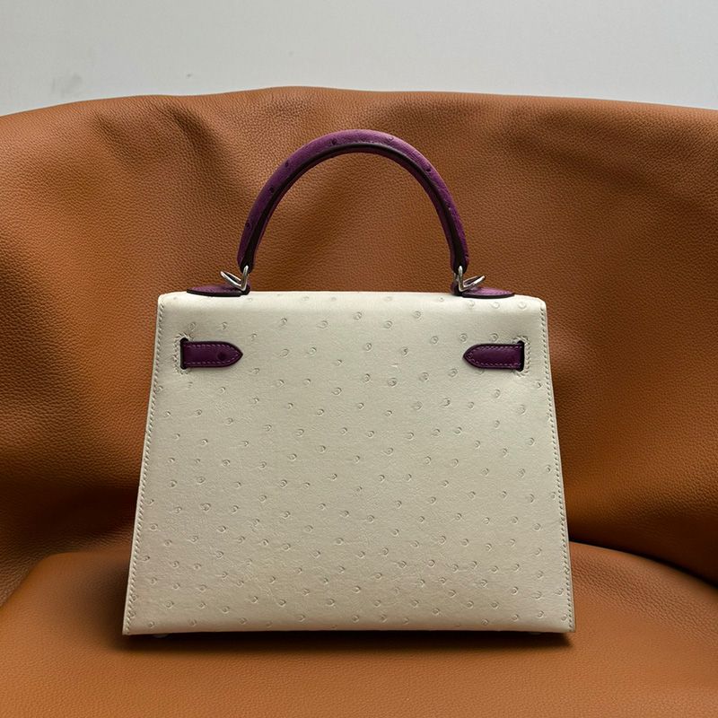 Hermes Kelly Bag Ostrich Leather Palladium Hardware In White Purple