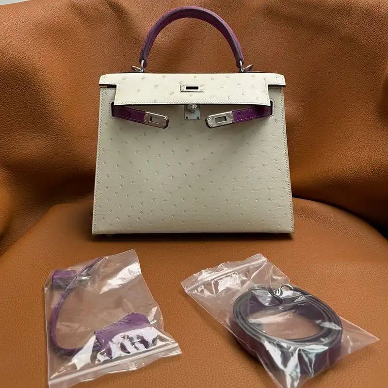 Affordable Hermes Kelly Bag Ostrich Leather Palladium Hardware In White Purple