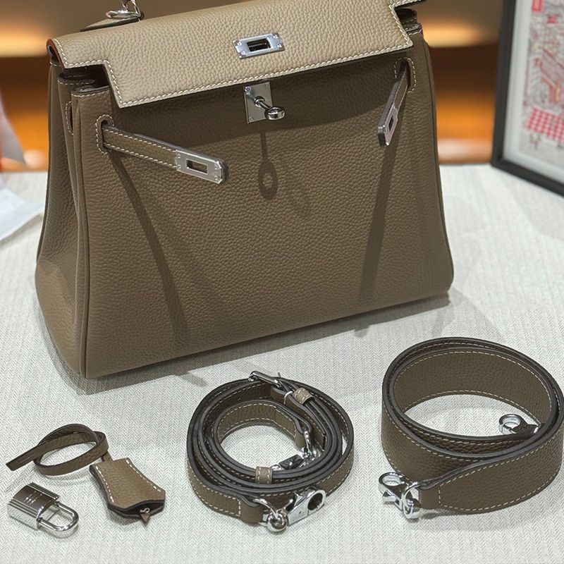 Hermes Kelly Bag Togo Leather Palladium Hardware In Khaki