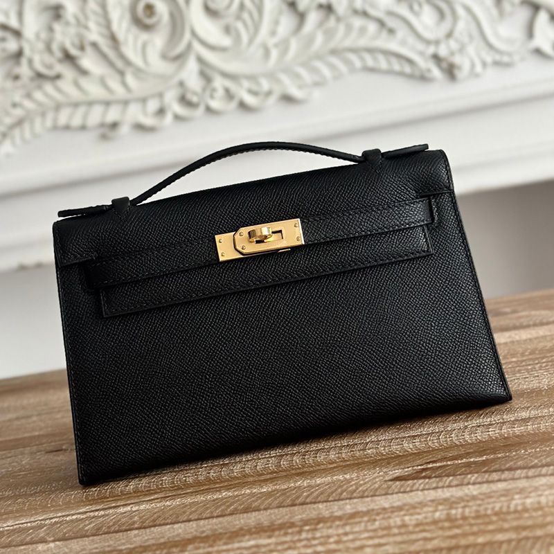 Hermes Kelly Pochette Epsom Leather Gold Hardware In Black