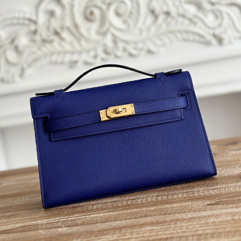 Hermes Kelly Pochette Epsom Leather Gold Hardware In Blue