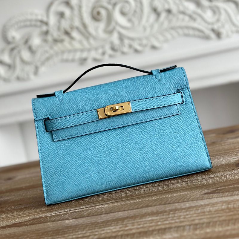 Hermes Kelly Pochette Epsom Leather Gold Hardware In Light Blue