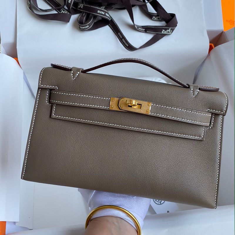 Hermes Kelly Pochette Swift Leather Gold Hardware In Khaki