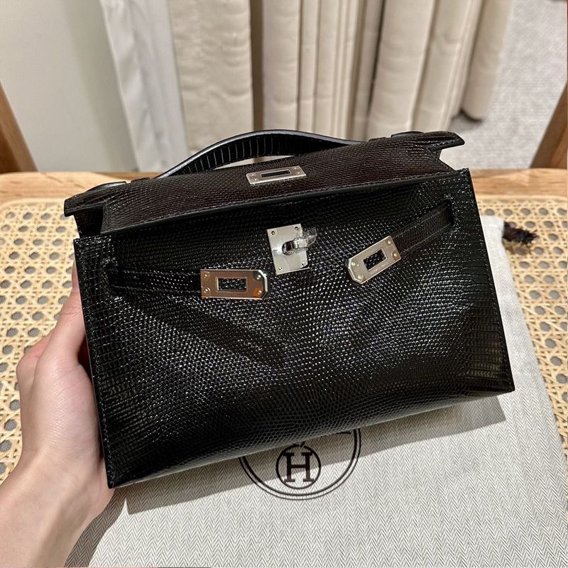 Hermes Kelly Pochette Lizard Leather Palladium Hardware In Black