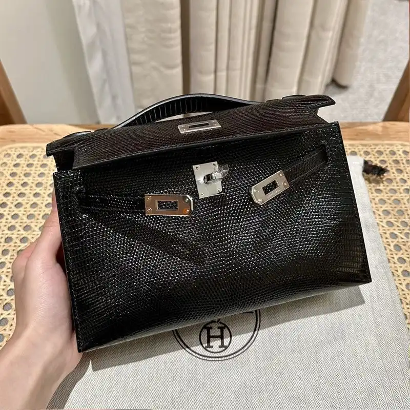 Cheap Hermes Kelly Pochette Lizard Leather Palladium Hardware In Black