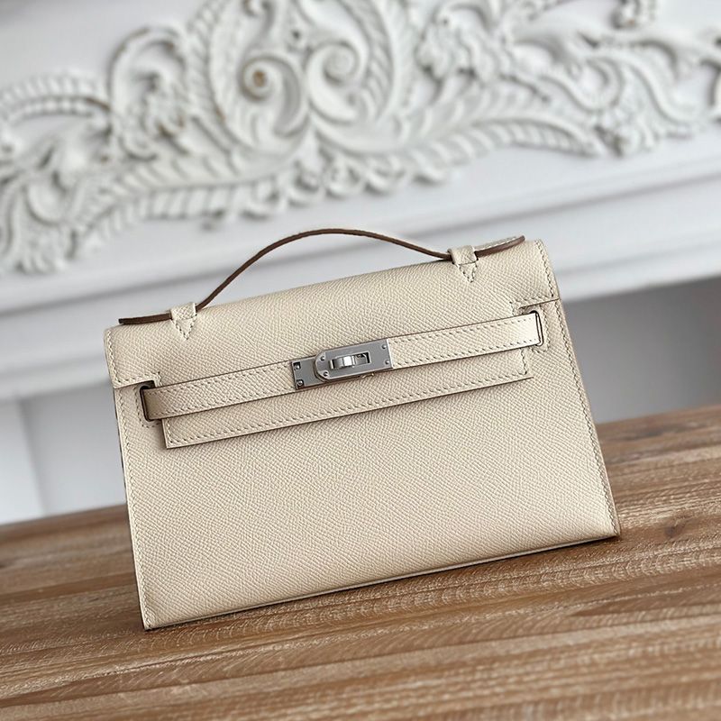 Hermes Kelly Pochette Epsom Leather Palladium Hardware In Beige