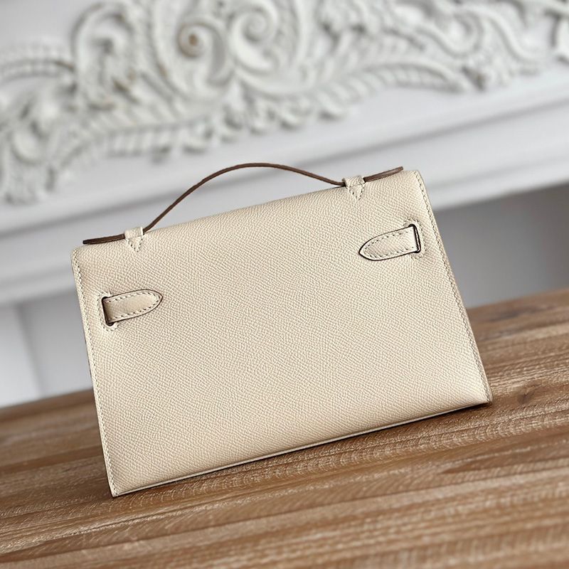 Hermes Kelly Pochette Epsom Leather Palladium Hardware In Beige