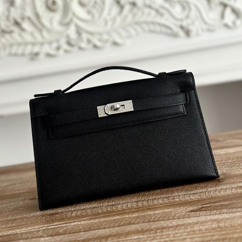 Hermes Kelly Pochette Epsom Leather Palladium Hardware In Black