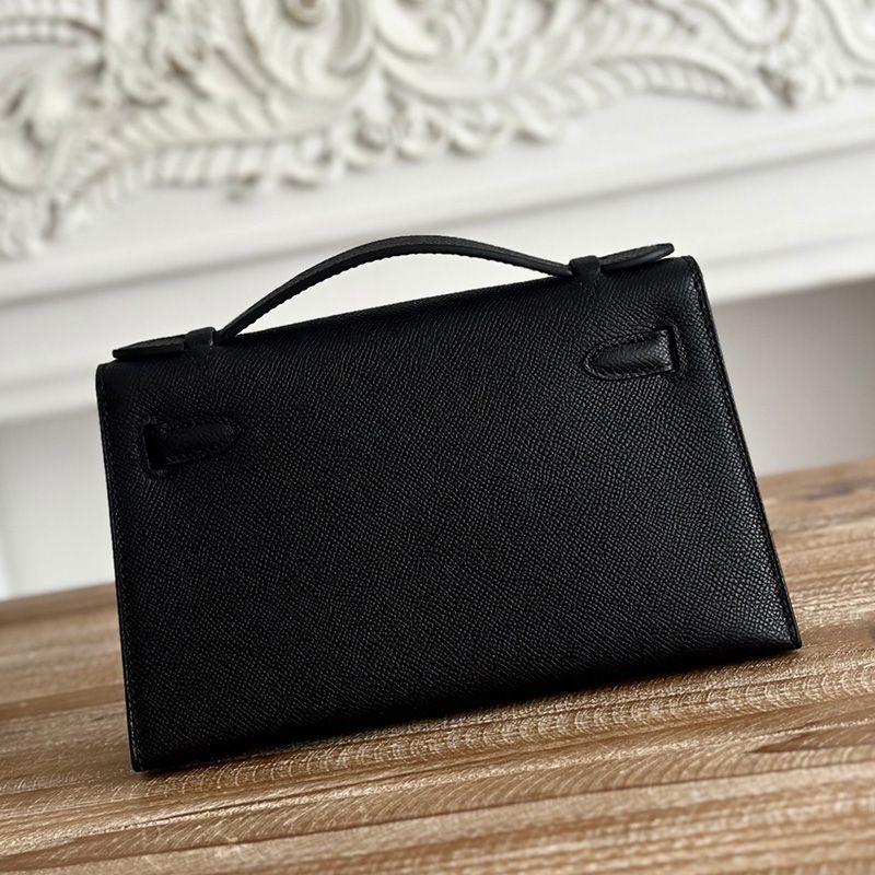 Hermes Kelly Pochette Epsom Leather Palladium Hardware In Black