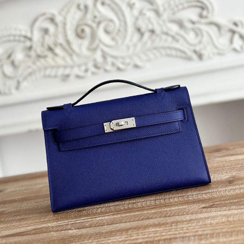 Hermes Kelly Pochette Epsom Leather Palladium Hardware In Blue