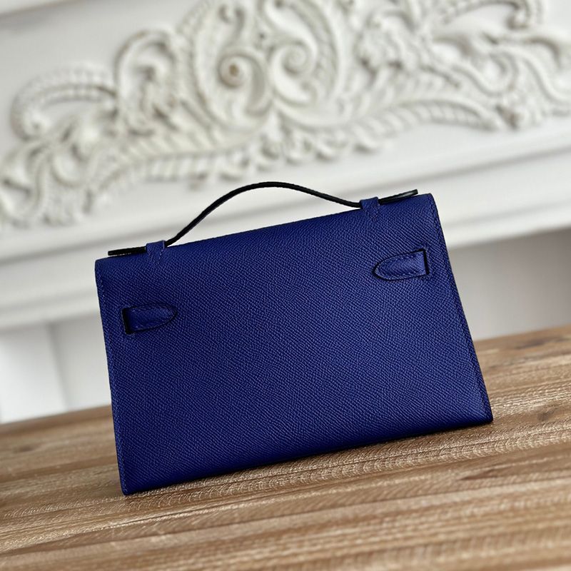 Hermes Kelly Pochette Epsom Leather Palladium Hardware In Blue