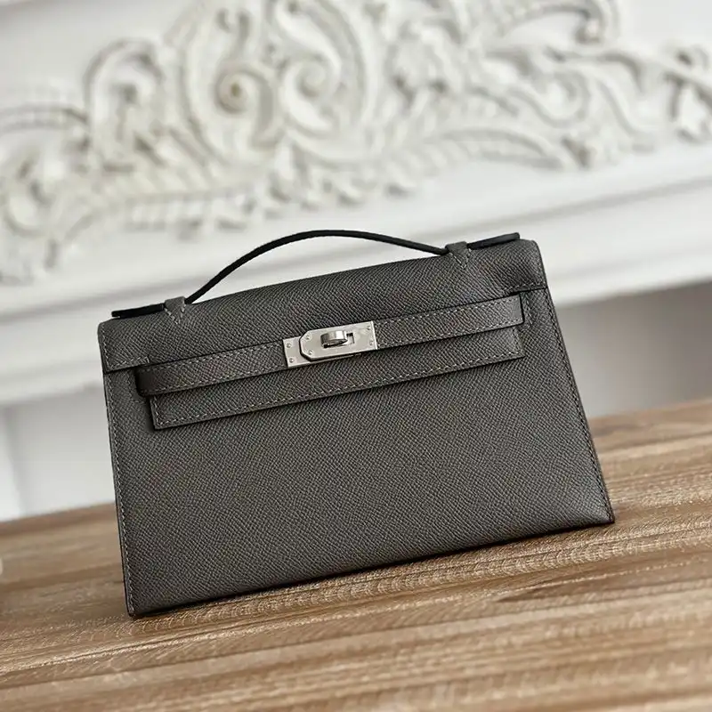 Hermes Kelly Pochette Epsom Leather Palladium Hardware In Etain Grey