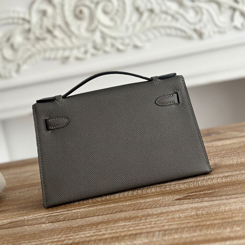 Hermes Kelly Pochette Epsom Leather Palladium Hardware In Etain Grey