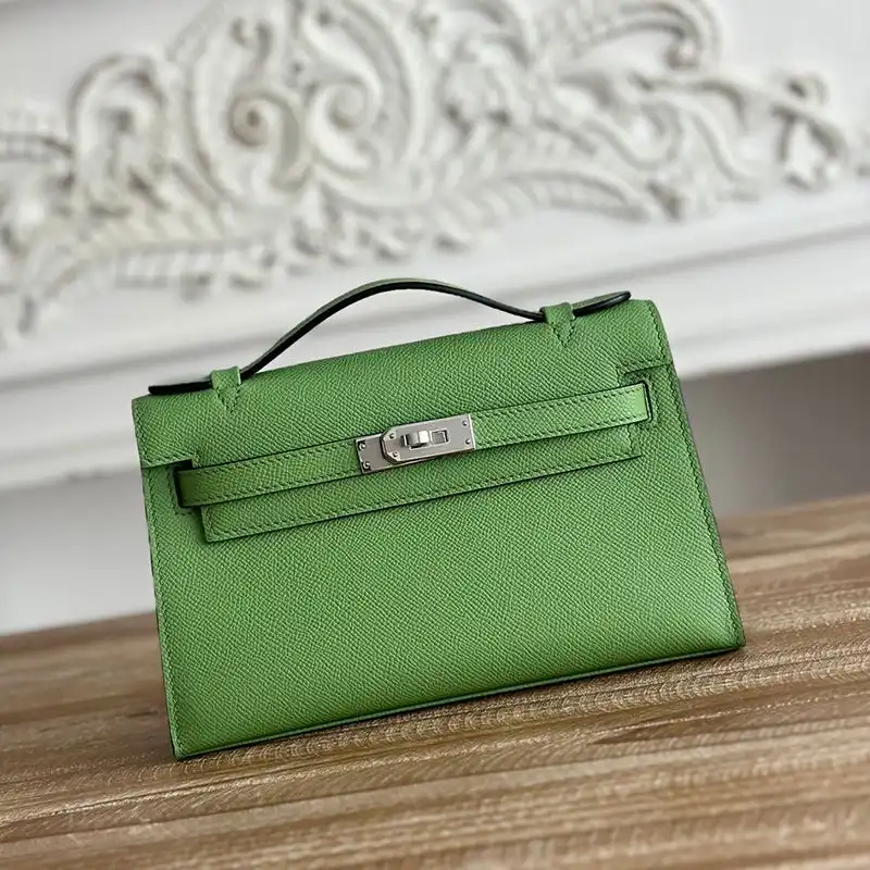 Hermes Kelly Pochette Epsom Leather Palladium Hardware In Green