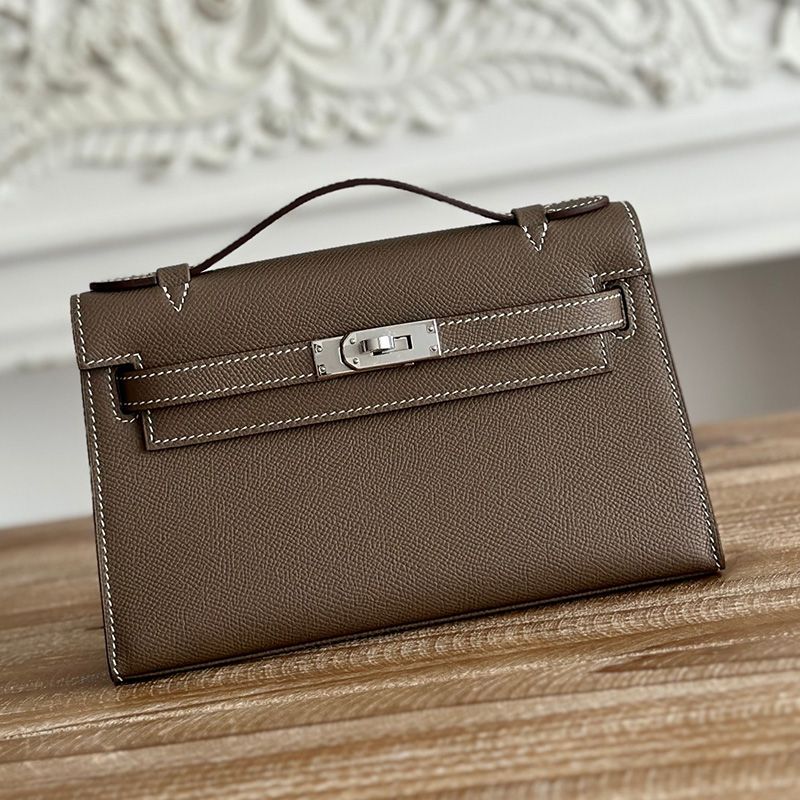 Hermes Kelly Pochette Epsom Leather Palladium Hardware In Khaki