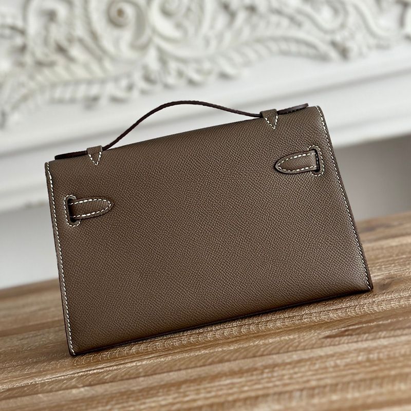 Hermes Kelly Pochette Epsom Leather Palladium Hardware In Khaki