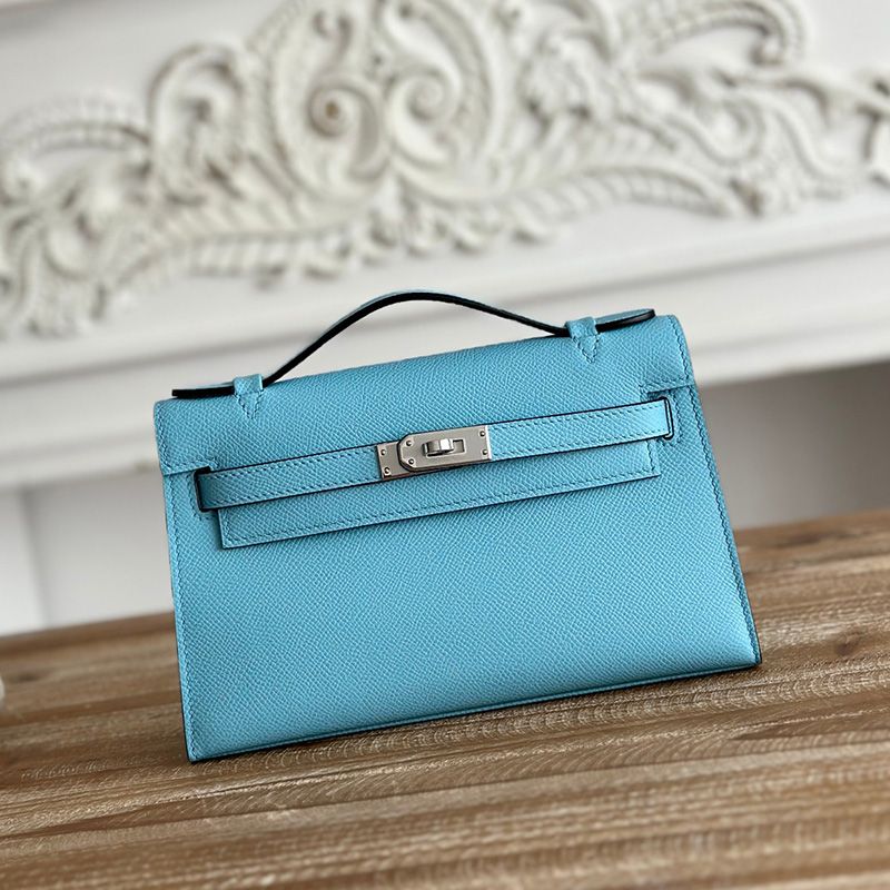 Hermes Kelly Pochette Epsom Leather Palladium Hardware In Light Blue