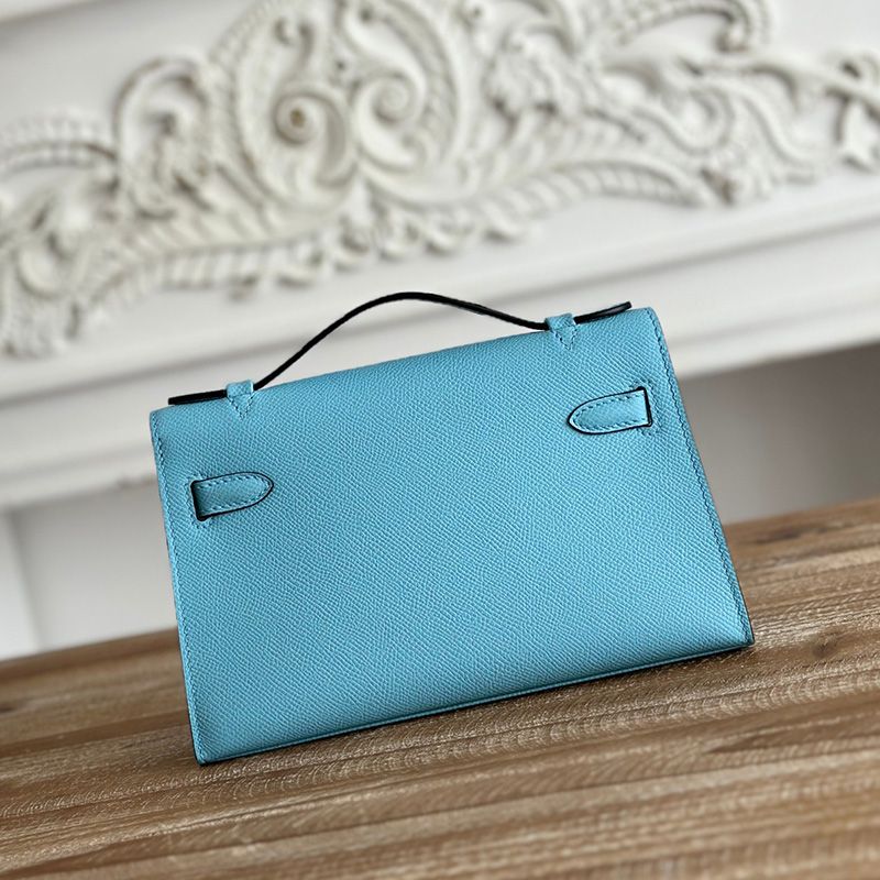 Hermes Kelly Pochette Epsom Leather Palladium Hardware In Light Blue