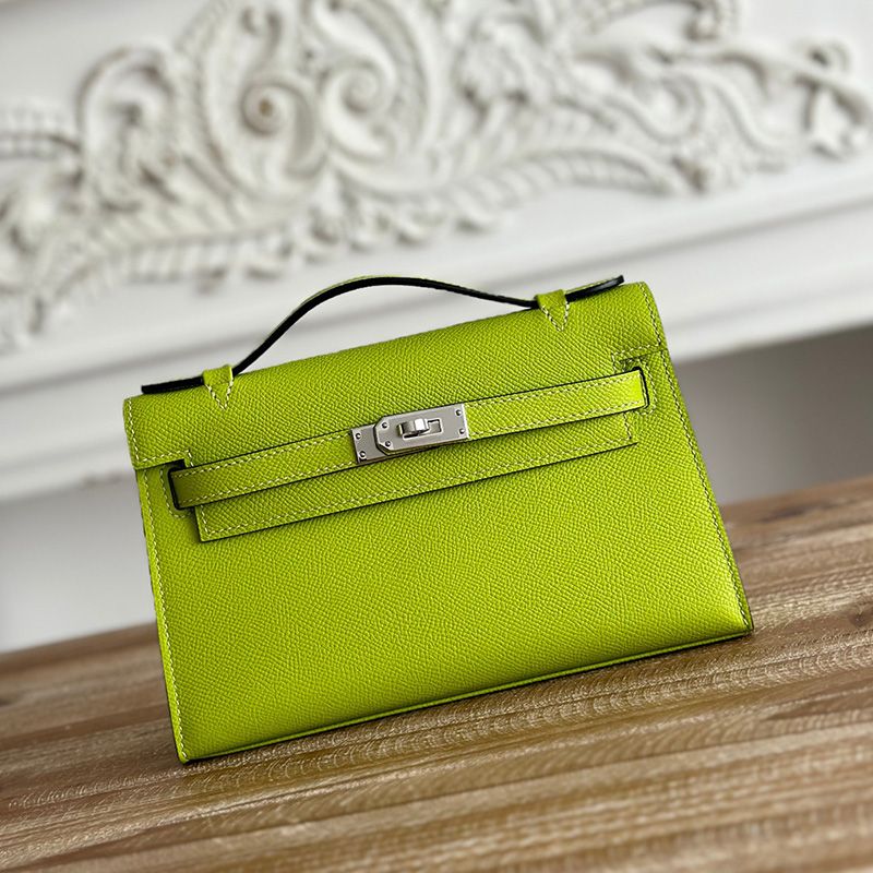 Hermes Kelly Pochette Epsom Leather Palladium Hardware In Mint Green