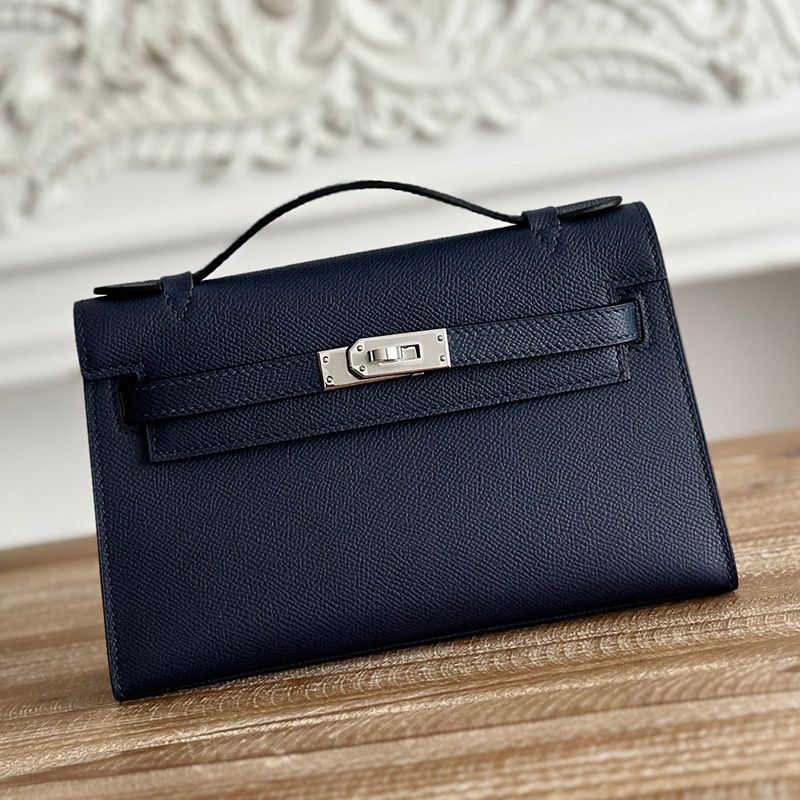 Hermes Kelly Pochette Epsom Leather Palladium Hardware In Navy Blue