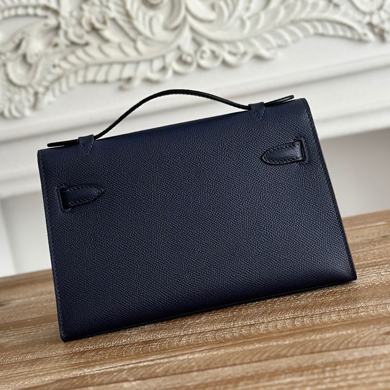 Hermes Kelly Pochette Epsom Leather Palladium Hardware In Navy Blue