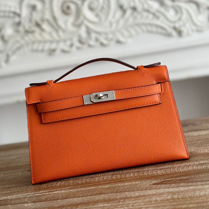 Hermes Kelly Pochette Epsom Leather Palladium Hardware In Orange