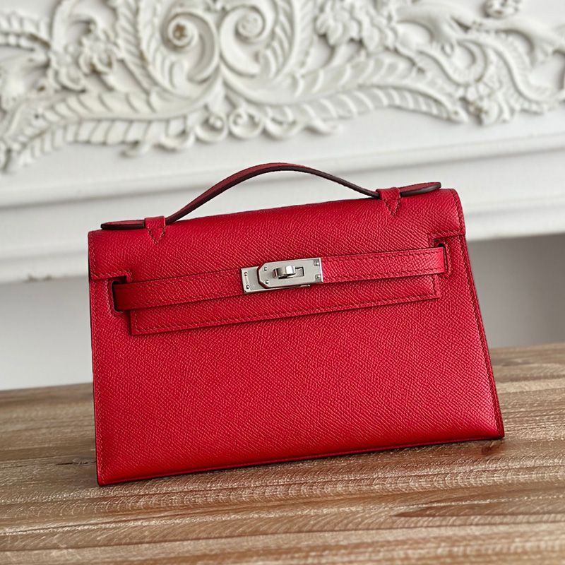 Hermes Kelly Pochette Epsom Leather Palladium Hardware In Red