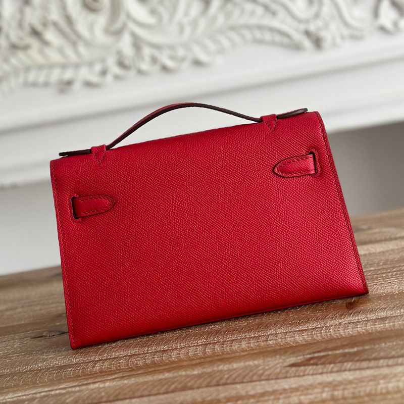 Hermes Kelly Pochette Epsom Leather Palladium Hardware In Red