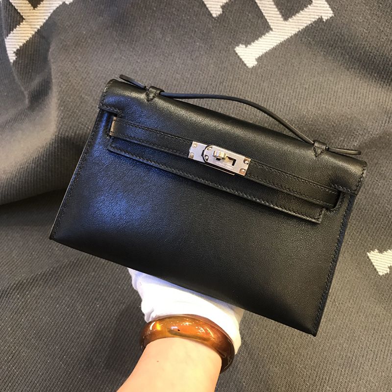 Hermes Kelly Pochette Swift Leather Palladium Hardware In Black