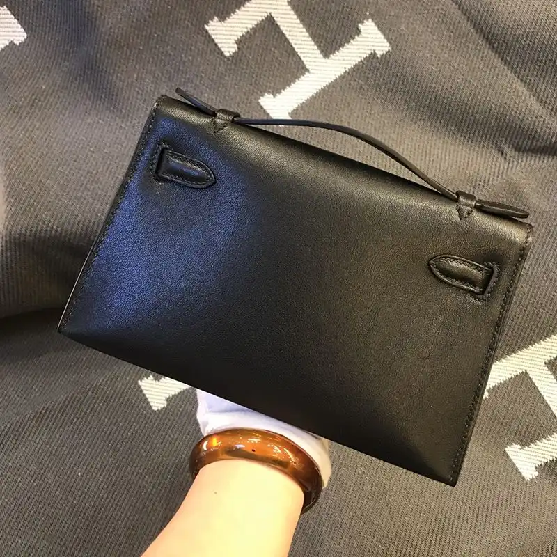 Cheap Hermes Kelly Pochette Swift Leather Palladium Hardware In Black