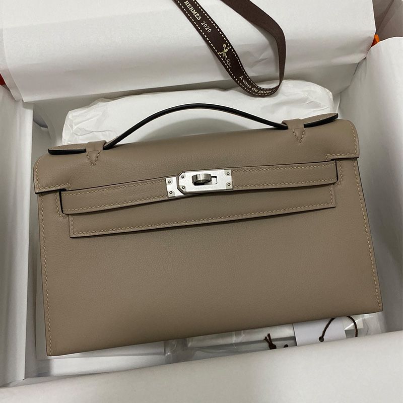 Hermes Kelly Pochette Swift Leather Palladium Hardware In Grey