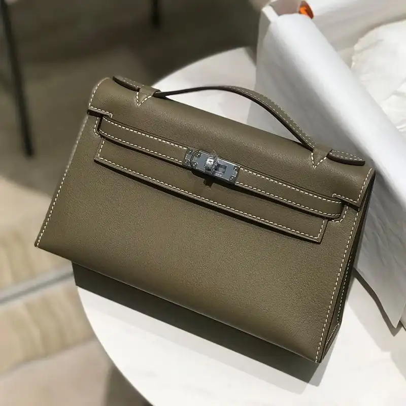 Hermes Kelly Pochette Swift Leather Palladium Hardware In Khaki