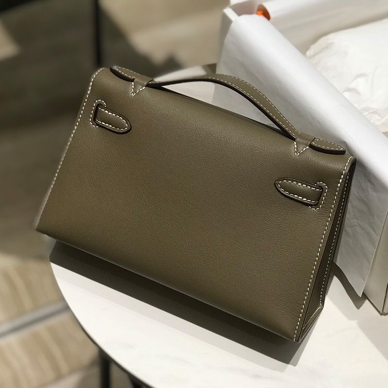 Hermes Kelly Pochette Swift Leather Palladium Hardware In Khaki