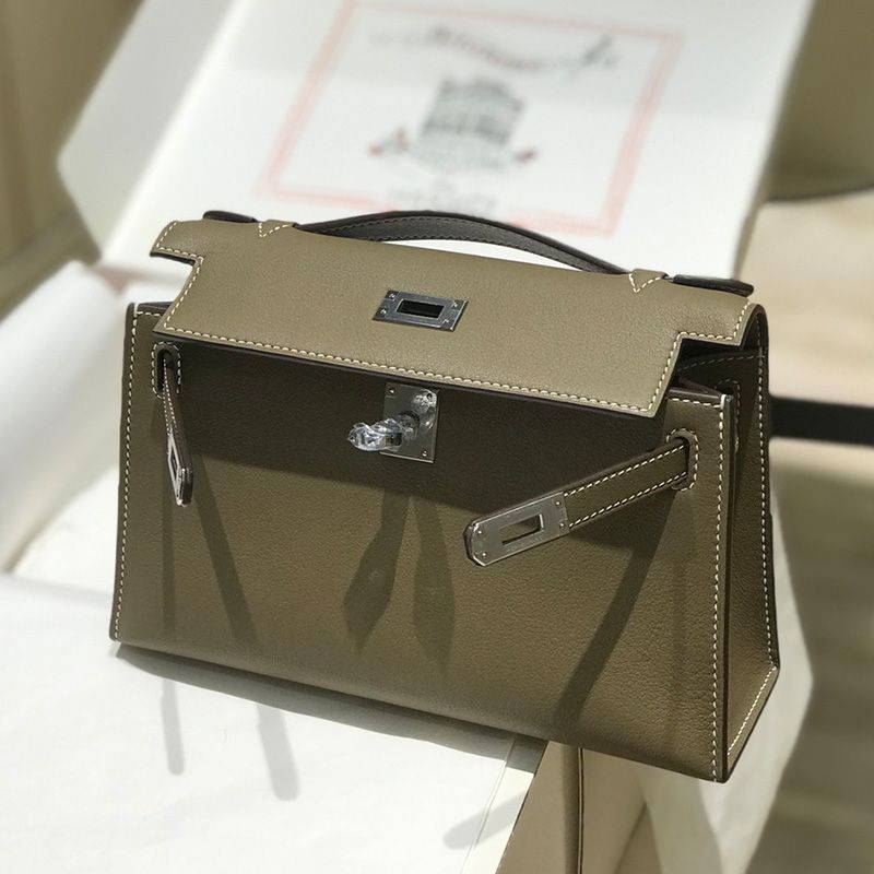 Hermes Kelly Pochette Swift Leather Palladium Hardware In Khaki