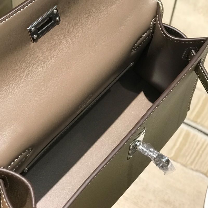 Hermes Kelly Pochette Swift Leather Palladium Hardware In Khaki