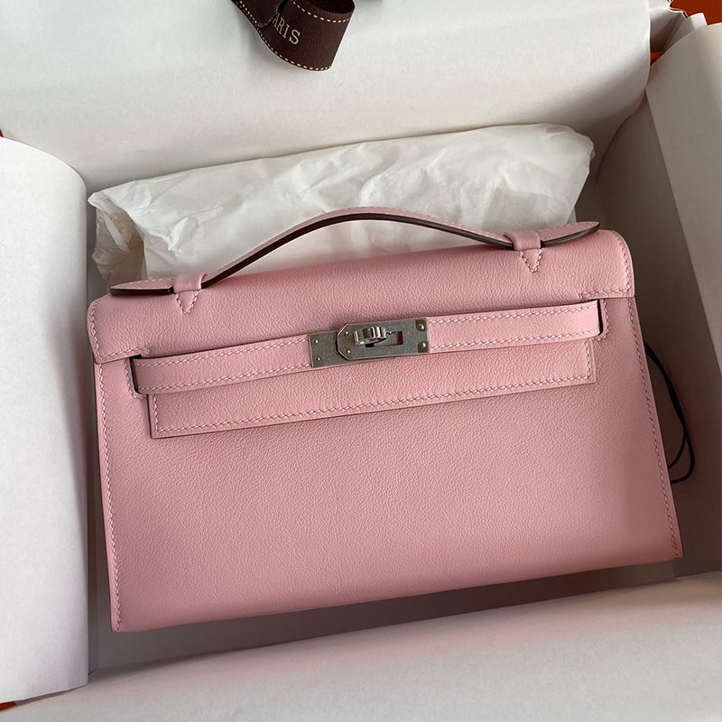 Hermes Kelly Pochette Swift Leather Palladium Hardware In Pink