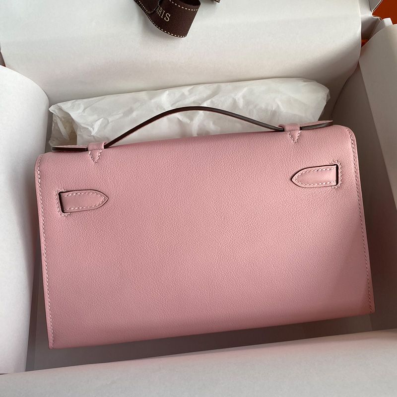 Hermes Kelly Pochette Swift Leather Palladium Hardware In Pink