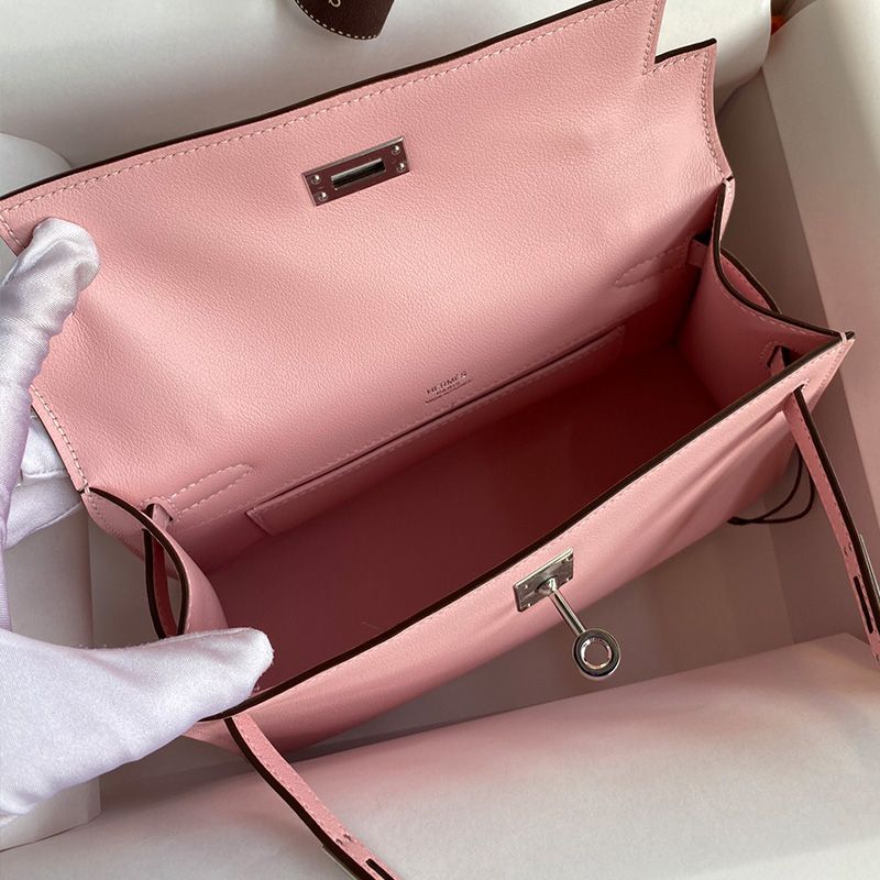 Hermes Kelly Pochette Swift Leather Palladium Hardware In Pink