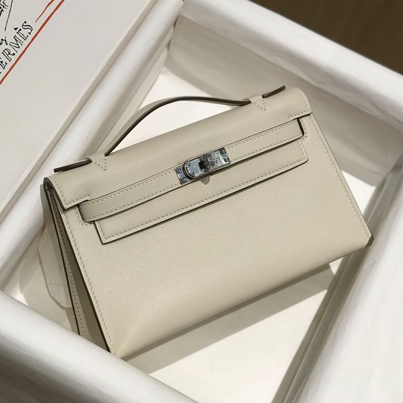 Hermes Kelly Pochette Swift Leather Palladium Hardware In White