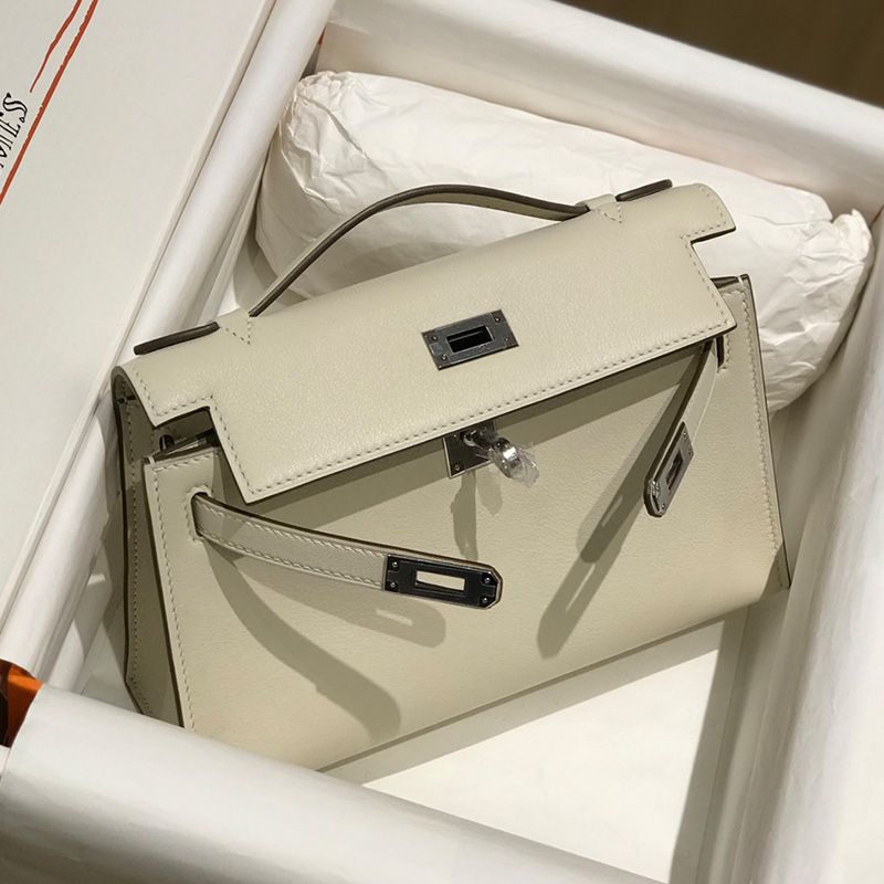 Hermes Kelly Pochette Swift Leather Palladium Hardware In White