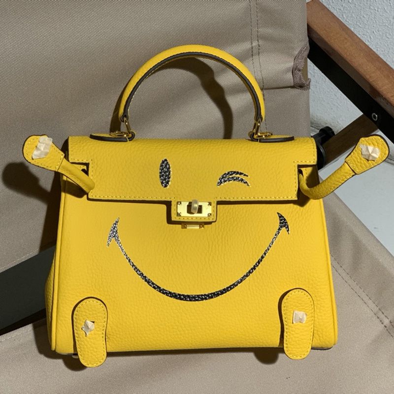 Hermes Kelly Bag with Smiling Print Togo Leather Gold Hardware In Yellow