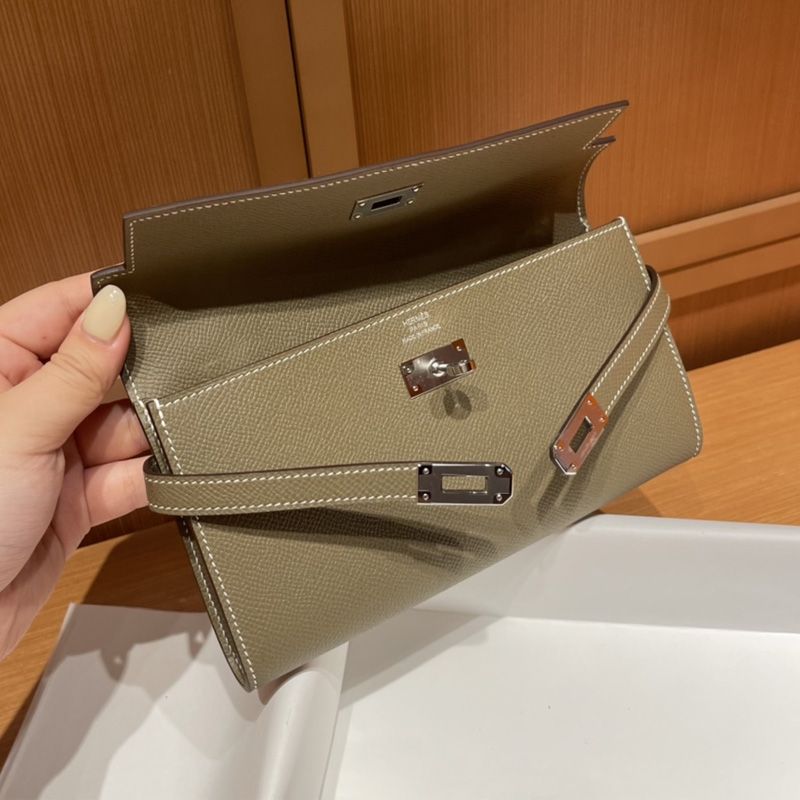 Hermes Kelly Wallet Epsom Leather Palladium Hardware In Khaki