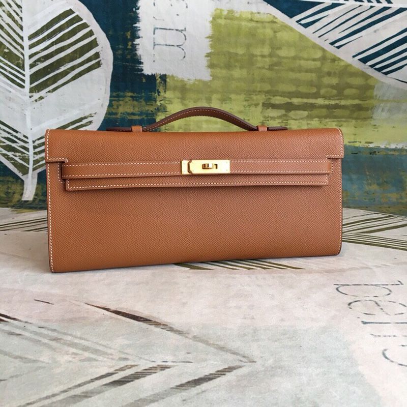 Hermes Kelly Cut Clutch Epsom Leather Gold Hardware In Caramel