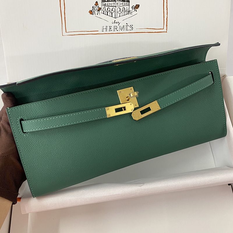 Hermes Kelly Cut Clutch Epsom Leather Gold Hardware In Green