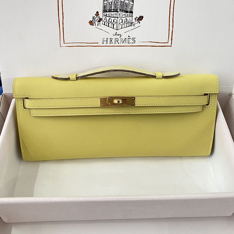 Hermes Kelly Cut Clutch Epsom Leather Gold Hardware In Lemon