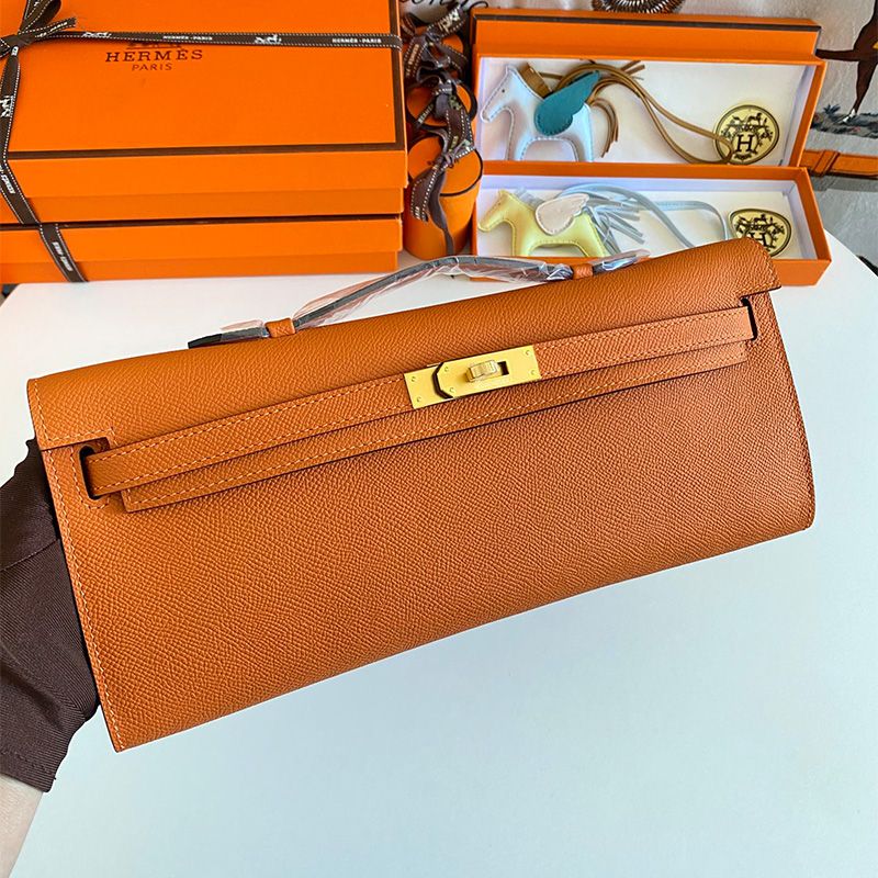 Hermes Kelly Cut Clutch Epsom Leather Gold Hardware In Orange